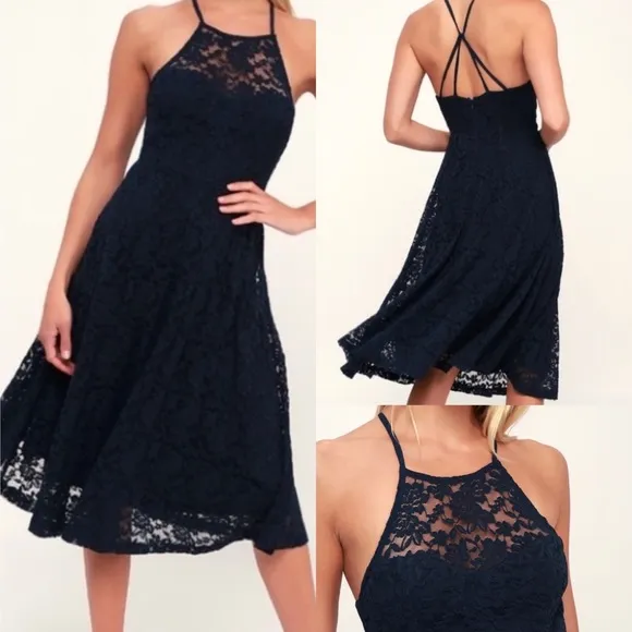Lulu's Spectacular Navy Blue Lace Midi Dress | Small - Image 2