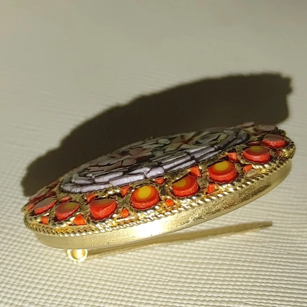 Vtg Italian Micro Mosaic Floral Oval Brooch Red Yellow Accents Gold Tone Pin - Image 9