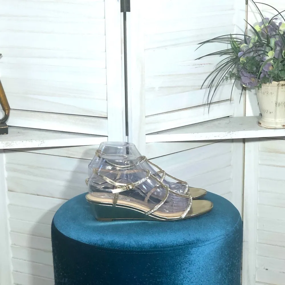 Nina NY Golden Strappy Rhinestone Wedge Sandals Size 9 - Image 2