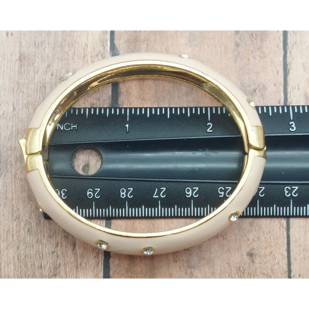 Beautiful J.Crew Gold Tone Light Pink Hinged Bangle Bracelets Crystal Accents - Image 10
