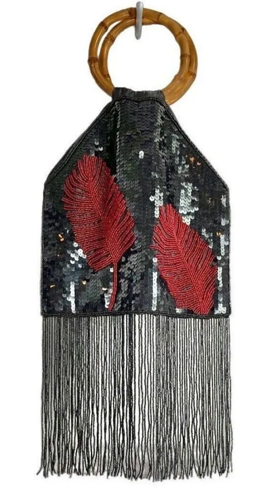 Vintage Retro Womens Sequin Beaded Bamboo Handle Fringe Handbag Black Maroon OS - Image 1