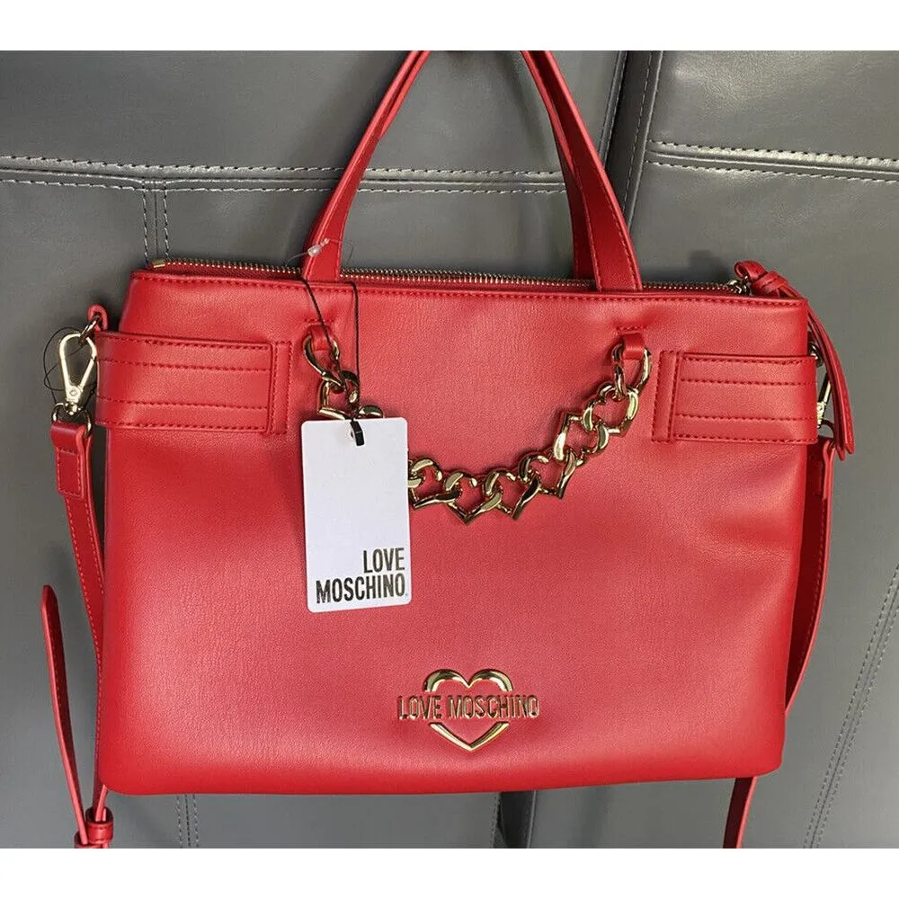 LOVE MOSCHINO Borsa PU Rosso Satchel Shoulder Bag Red Gold Chain Logo NWT $398 - Image 2