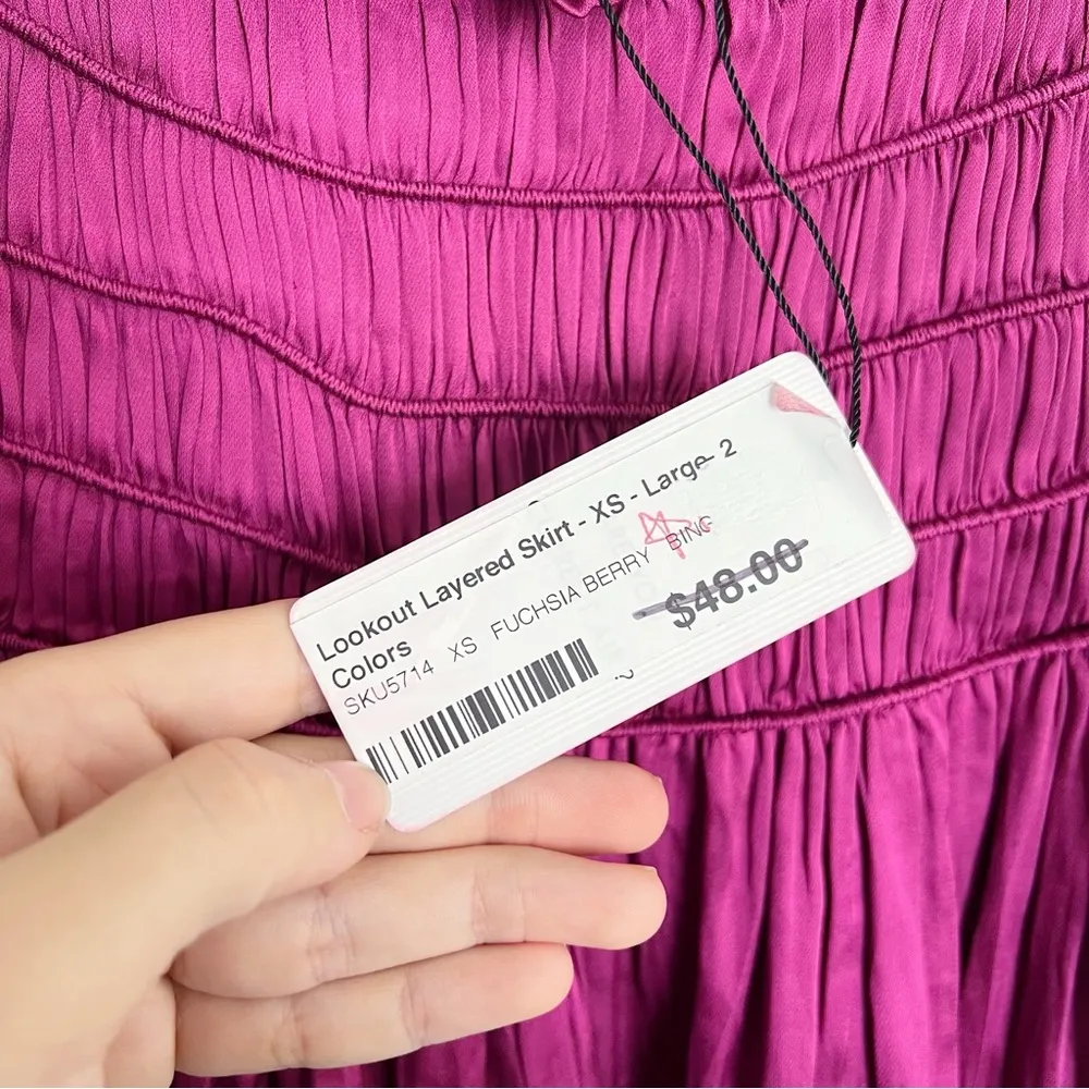 Current Air • Satin Layered Mini Skirt tiered ruffle Fuchsia Berry pink smocked - Image 4