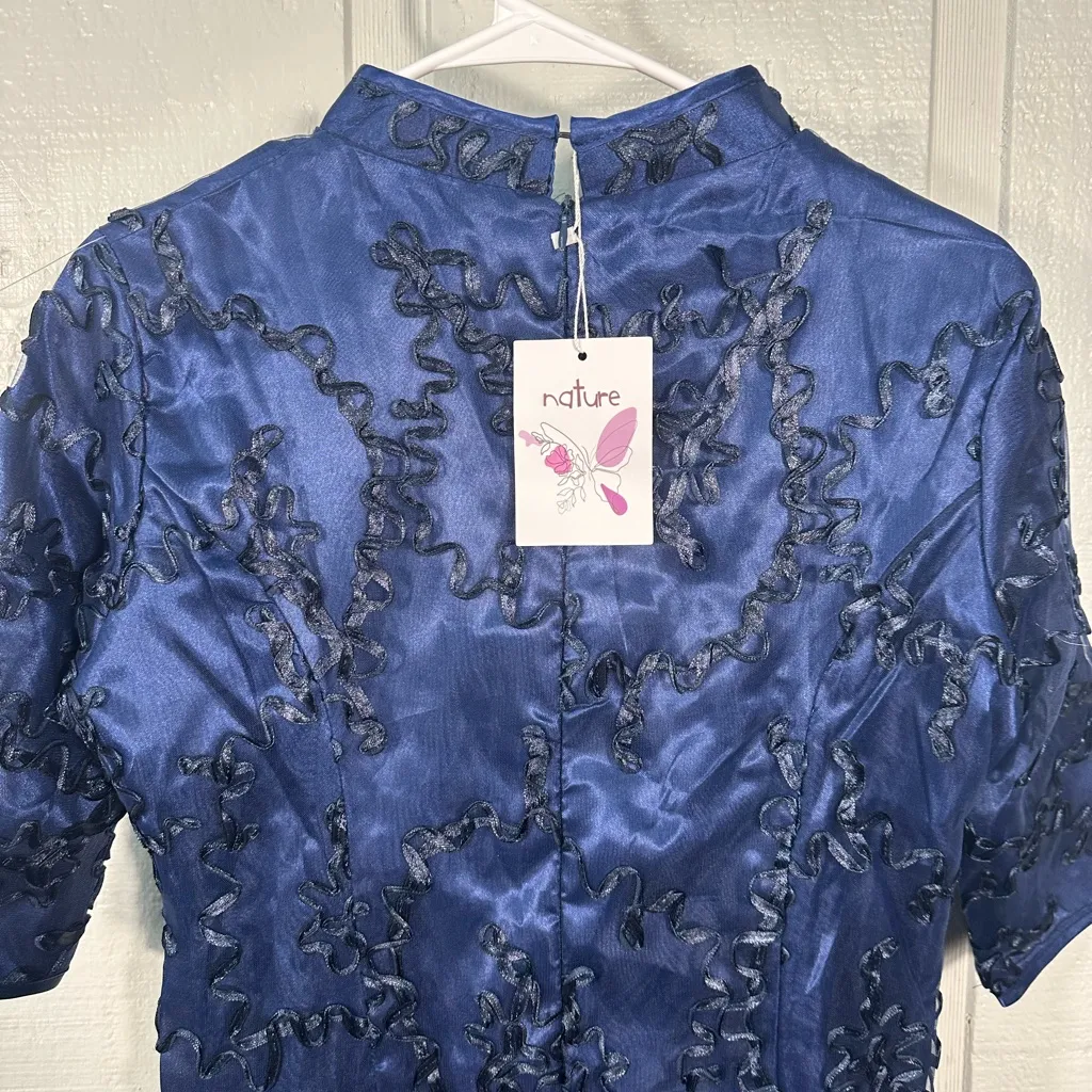 Nature Navy Asian Traditional Style Short Sleeve High Neck Dress Size… Size XL - Image 10