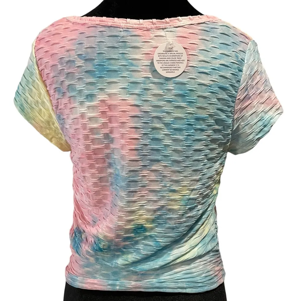 NEW Madrag Bold Tie Dye Trendy Hippie Ruched Side Stretch Athletic Yoga Gym Top Size L - Image 4