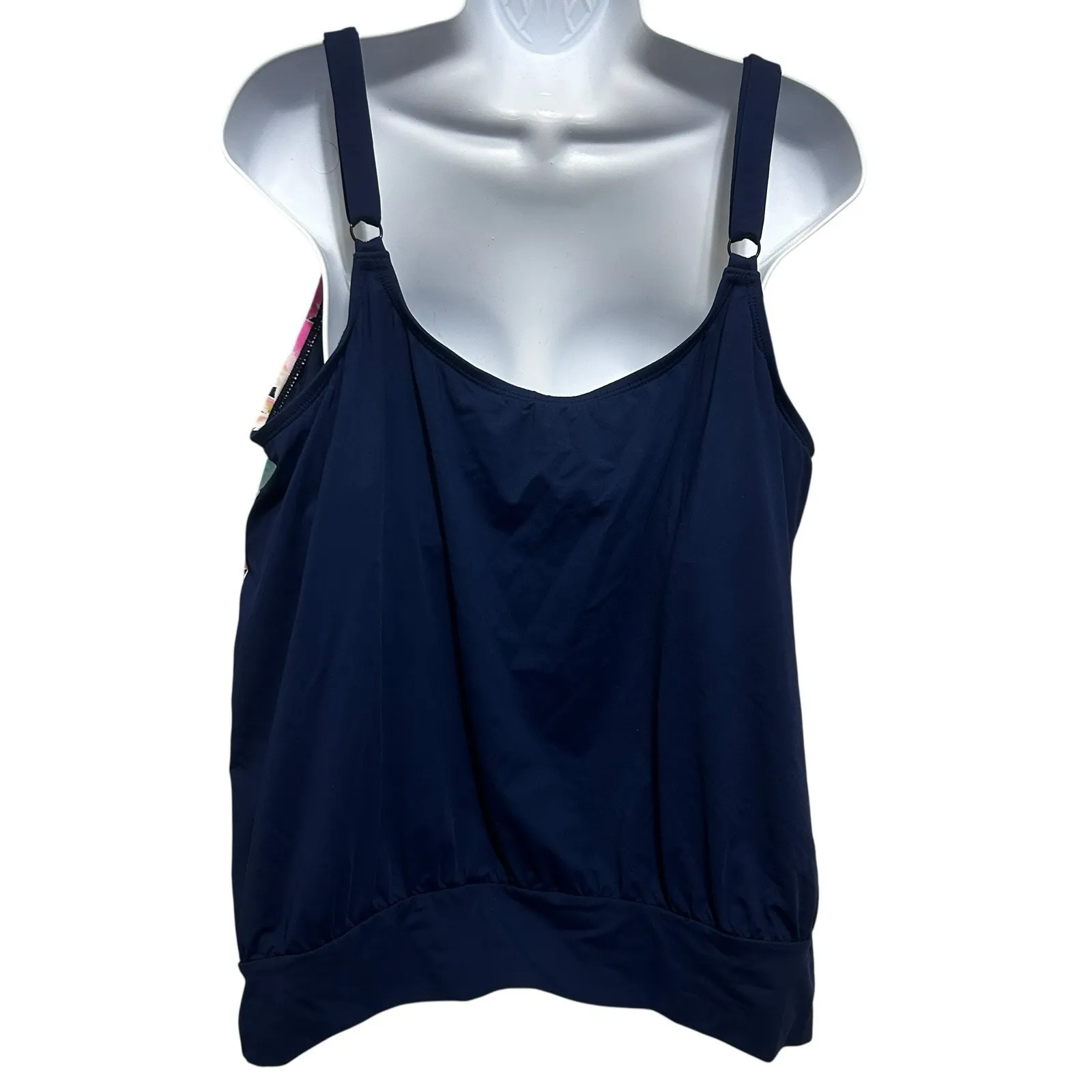 Beach House Womens Plus 22W Tankini Swim Top Navy Floral Striped Adjustable‎ Tie Blue - Image 2