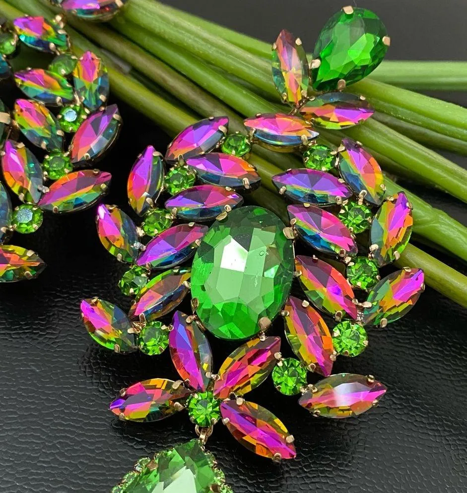 Stunning Watermelon & Green Rhinestones Teardrop Large Statement Earrings - Image 4