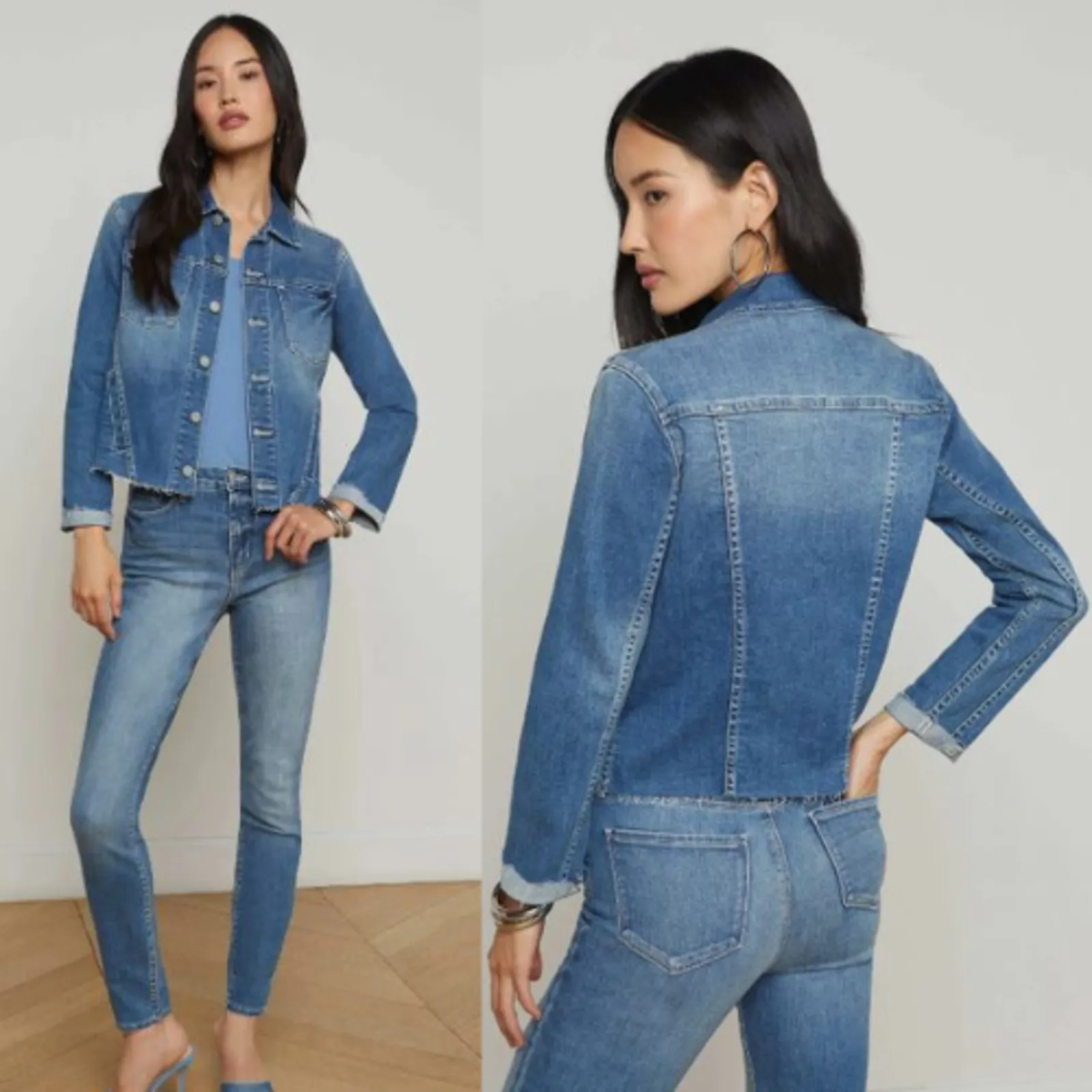L'Agence Janelle Cropped Raw Hem Button Up Denim Jacket Ithaca Blue Women's XS - Image 2