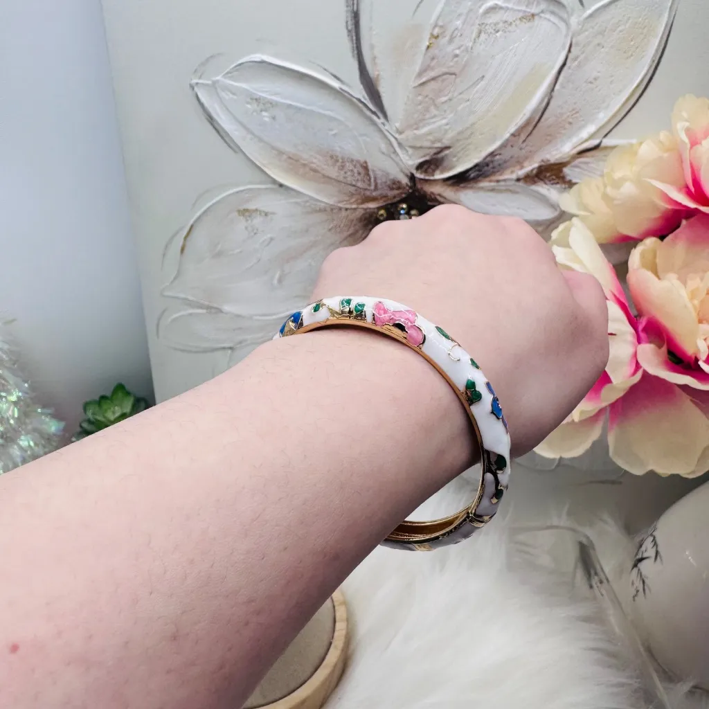 Floral Flower Enamel Cloisonne Bracelet Bangle White - Image 5