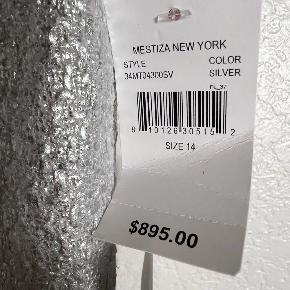 Mestiza New York Mona Silver Metallic Tweed Off the Shoulder Formal Gown 14 - Image 12