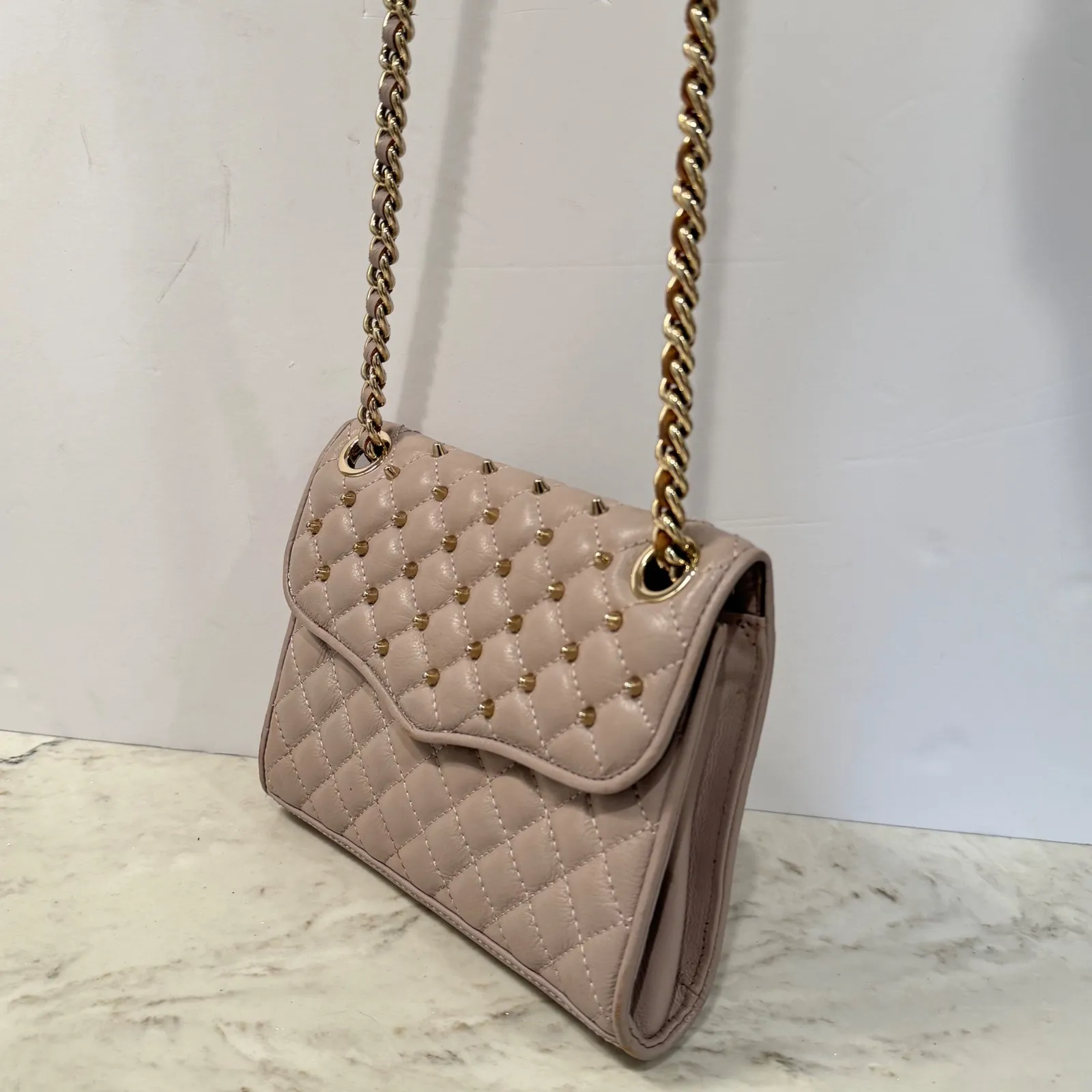 Rebecca‎ Minkoff Studded Quilted Leather shoulder Crossbody Bag Pale Mauve Chain - Image 11