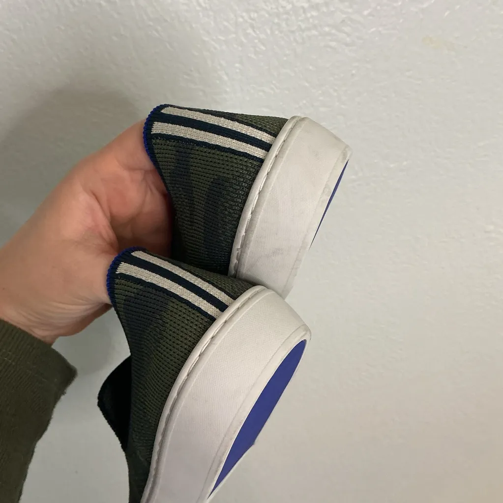 Rothy's The Original Slip On Sneaker in an olive green and navy camo pattern - Image 5