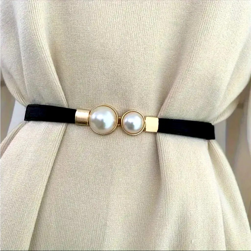 Thin Double Faux Pearl Buckle Solid Color PU Leather Waist Thin‎ Belt One Size Black - Image 4