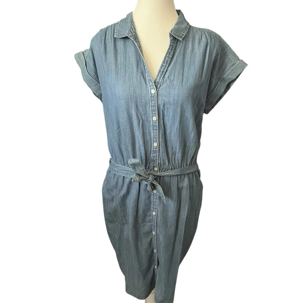 J. Crew Chambray‎ Blue Belted Shirt Dress Mini Elastic Waist Button-down Sz XS - Image 2