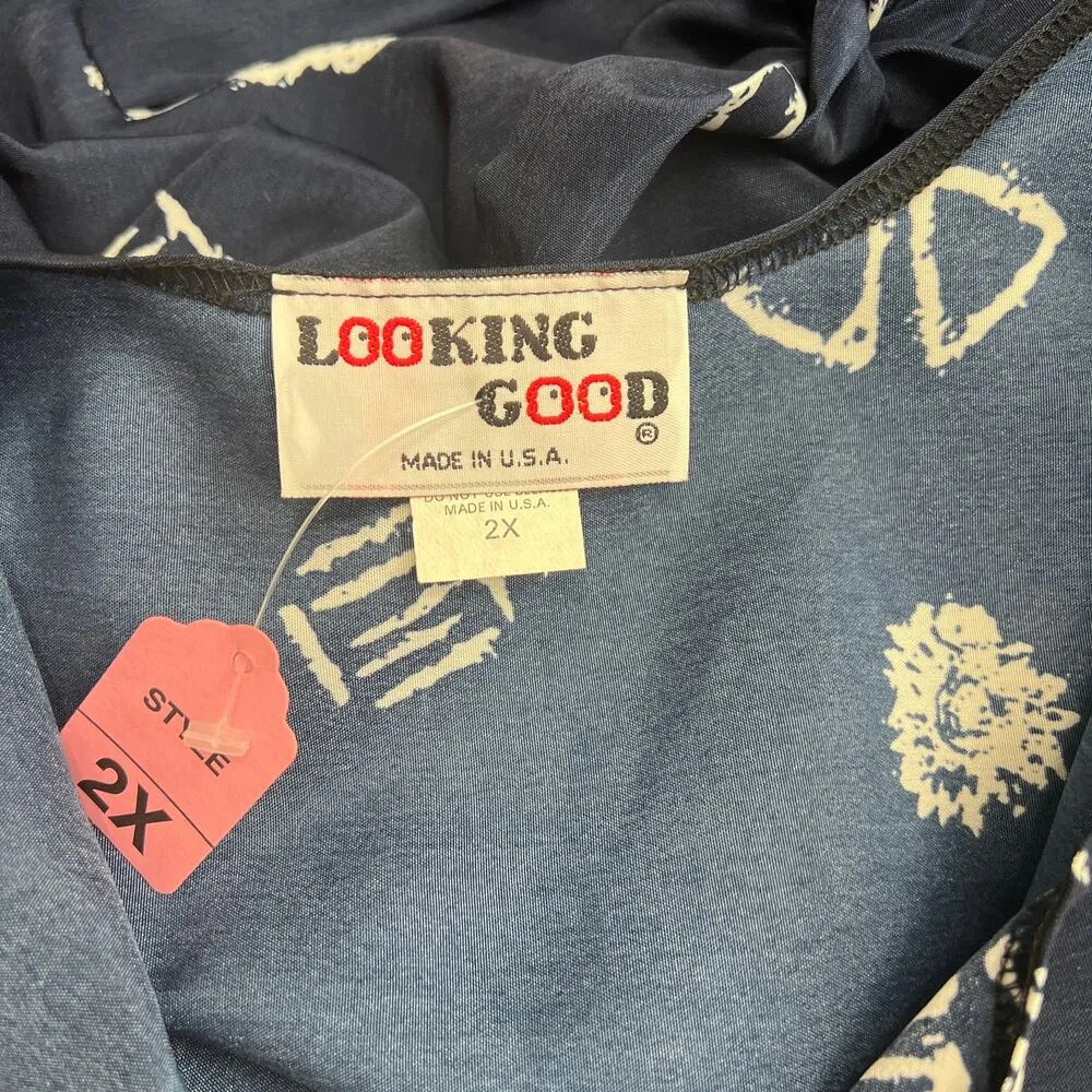 Vintage Looking Good Sleeveless Maxi Dress Navy Blue Size 2X Tie Belt Sun Tribal - Image 5