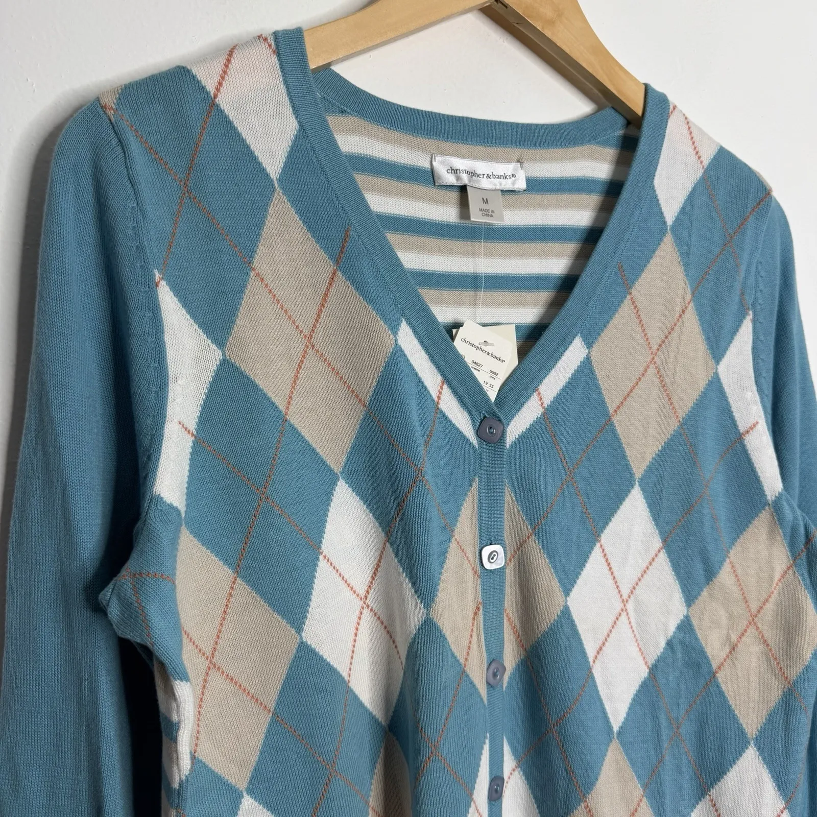 NWT Christopher & Banks Cotton Cardigan Medium Blue White Long Sleeves Diamond - Image 7