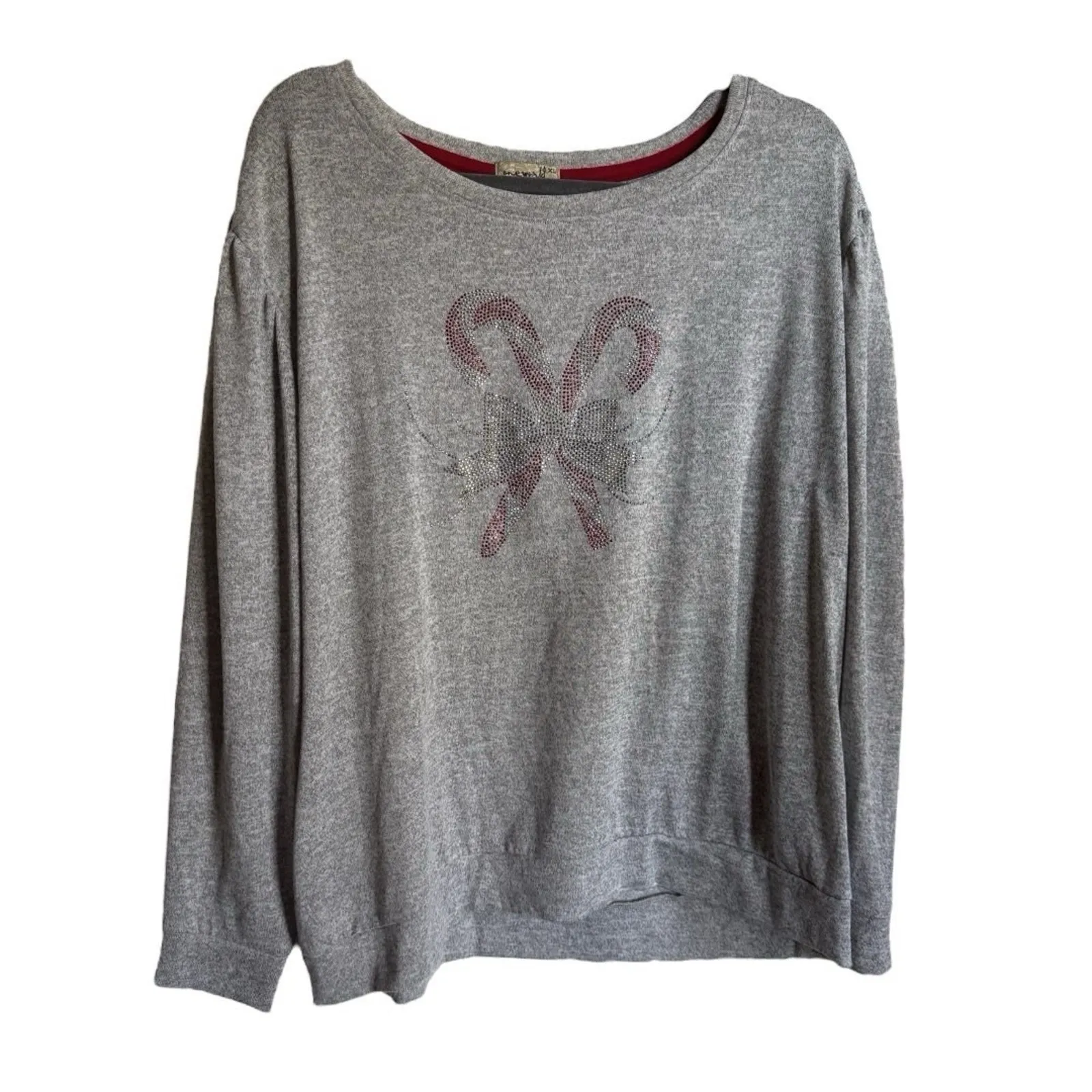 One World Womens‎ Top XL Gray Beaded Bling Candy Canes Bow Holiday Blouse - Image 2