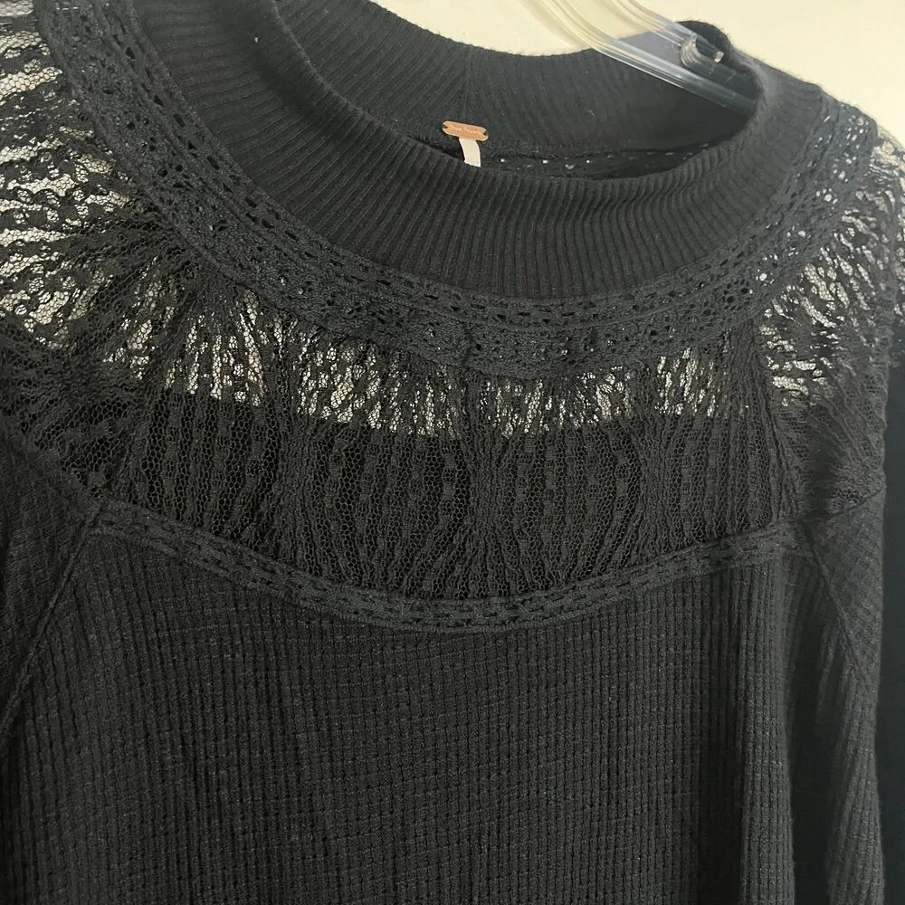 Free People Black Top Lace Long Sleeves XXS Oversized Waffle Knit Spring Valley - Image 5