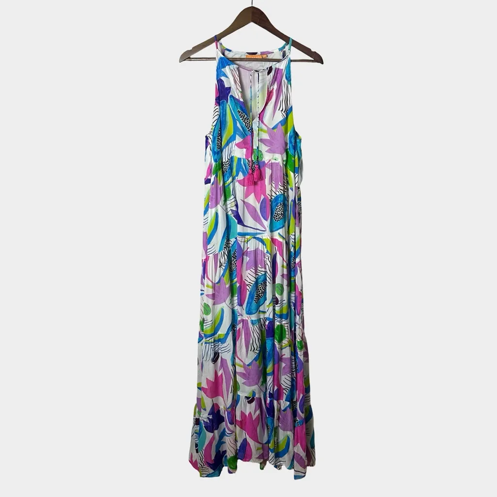 Oliphant Cotton Silk Tiered Maxi Dress Size Medium Multicolor Tassel - Image 2