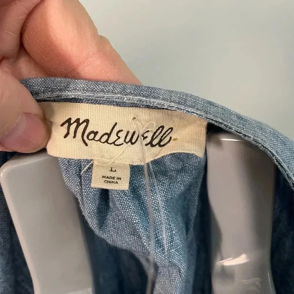 Madewell Denim Collarless Ruffle-Sleeve Shirt‎ Size Large B12 - Image 2