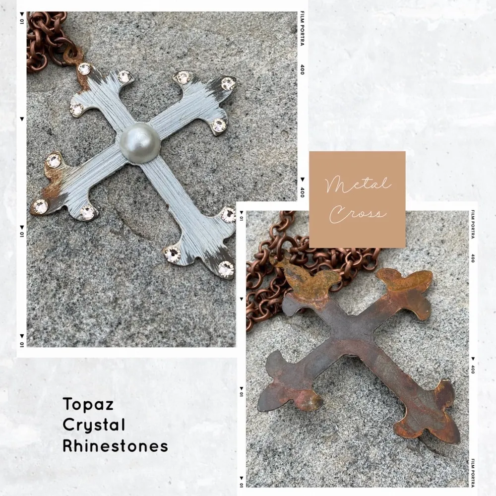 Metal cross on copper link chain. Glazed cream with Pearl in center of cross - Image 4