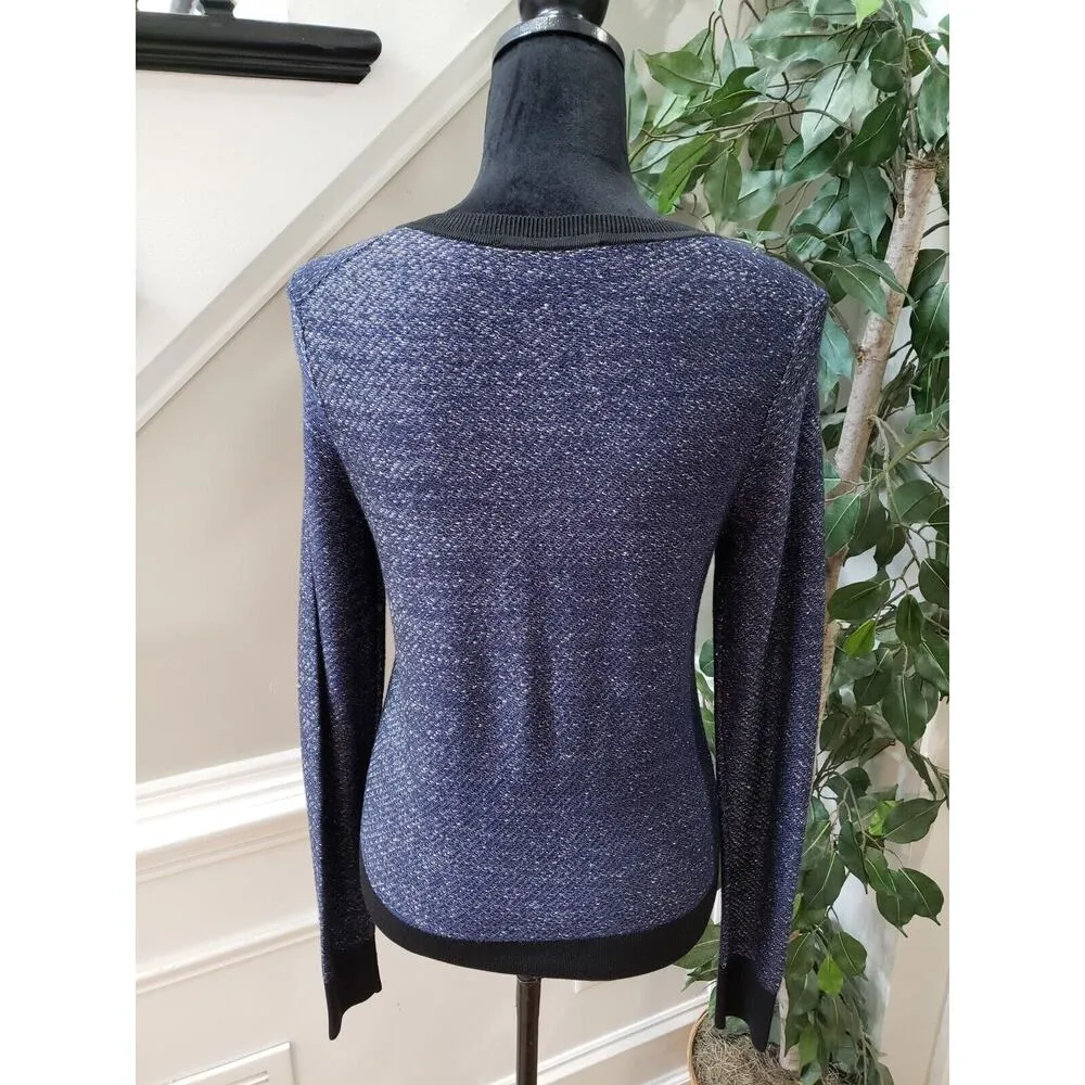 Loft Women's Blue & Black Cotton Long Sleeve Metallic Sparkle Cardigan Sweater S - Image 6