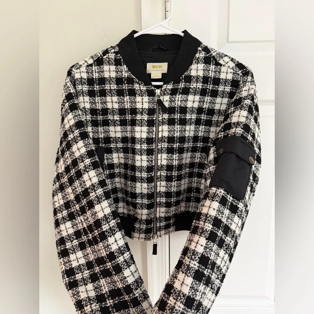 Anthropologie Maeve Plaid Tweed Bomber Jacket M Crop Black White Academia Boho - Image 5