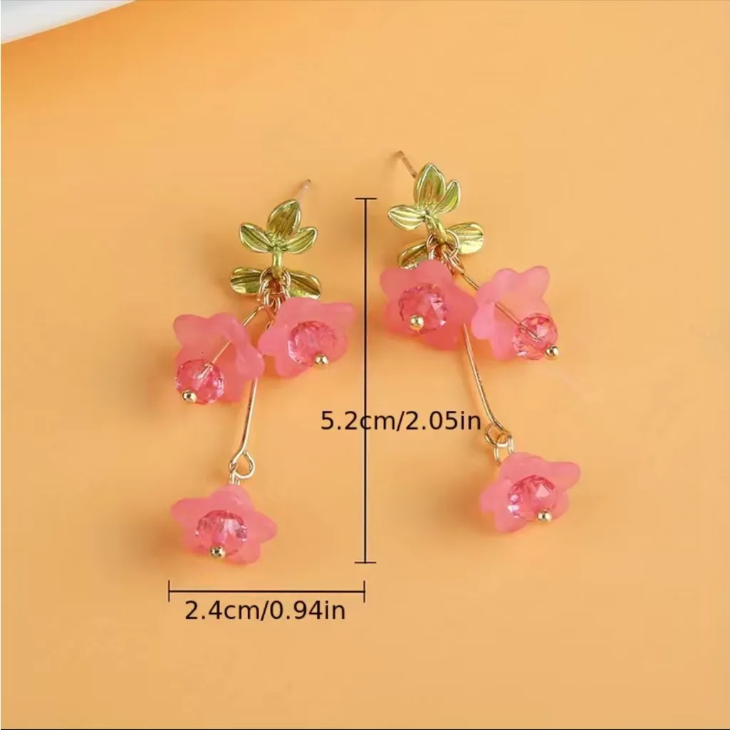 Pink Flower Pendant Elegant Dangle‎ Earrings Boho Minimalist Style Resin Jewelry Gold - Image 4