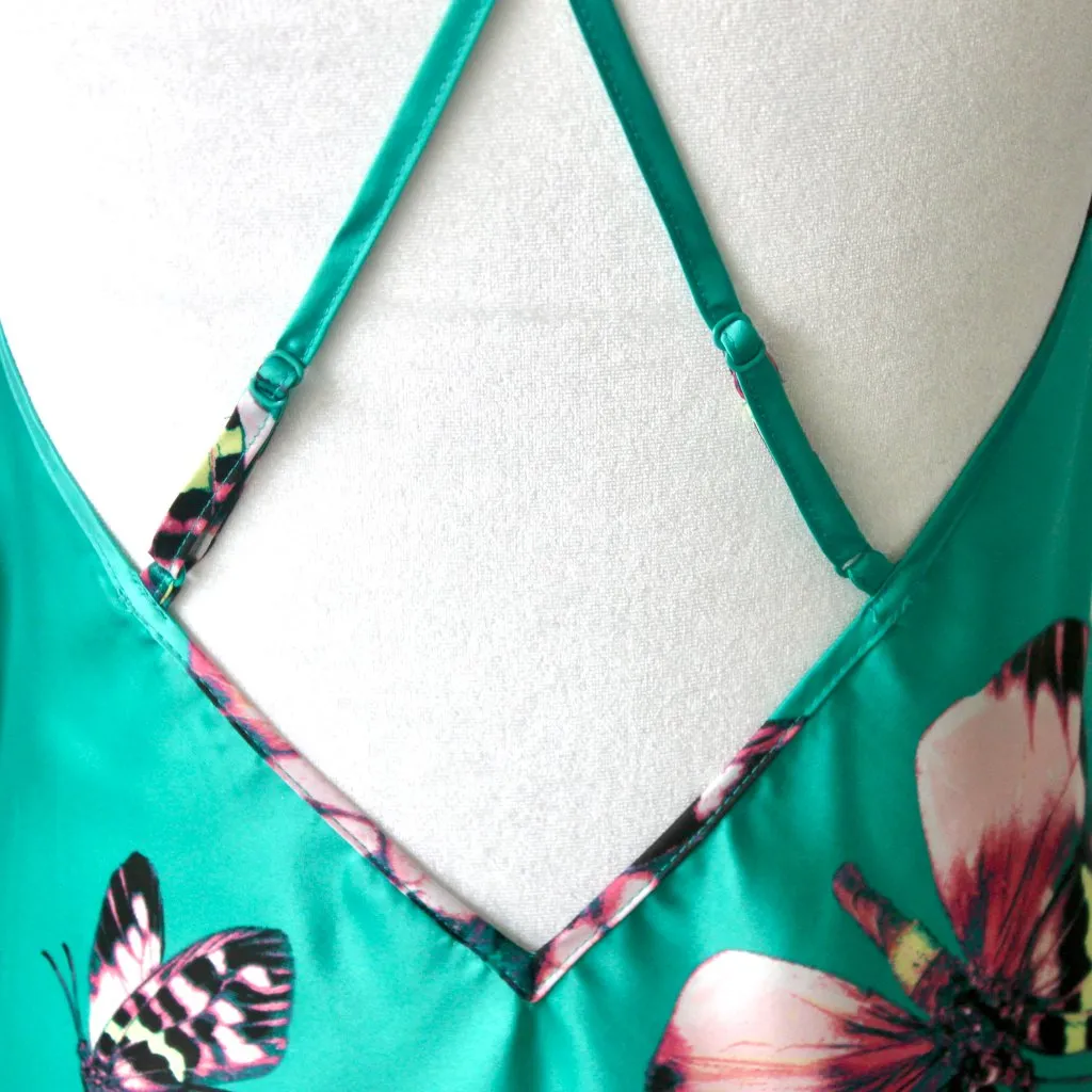 NWT Jezebel by Felina Teal Satin Crossback Chemise Slip Purple Butterflies Small - Image 5