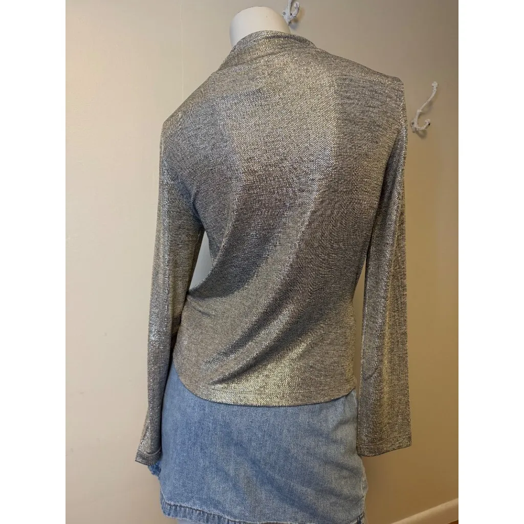 Clara Sun Woo Silver Glitter Metallic Long Sleeve Side Gathered Top Women's XS N - Image 4