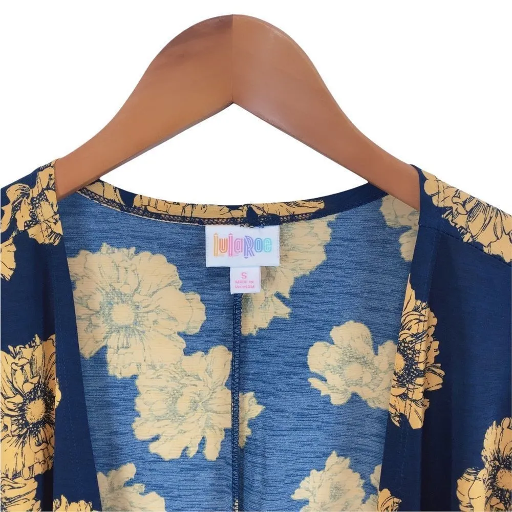 Lularoe Open Cardigan Dark Blue Yellow Marigold Flowers Sz Small Slinky - Image 3