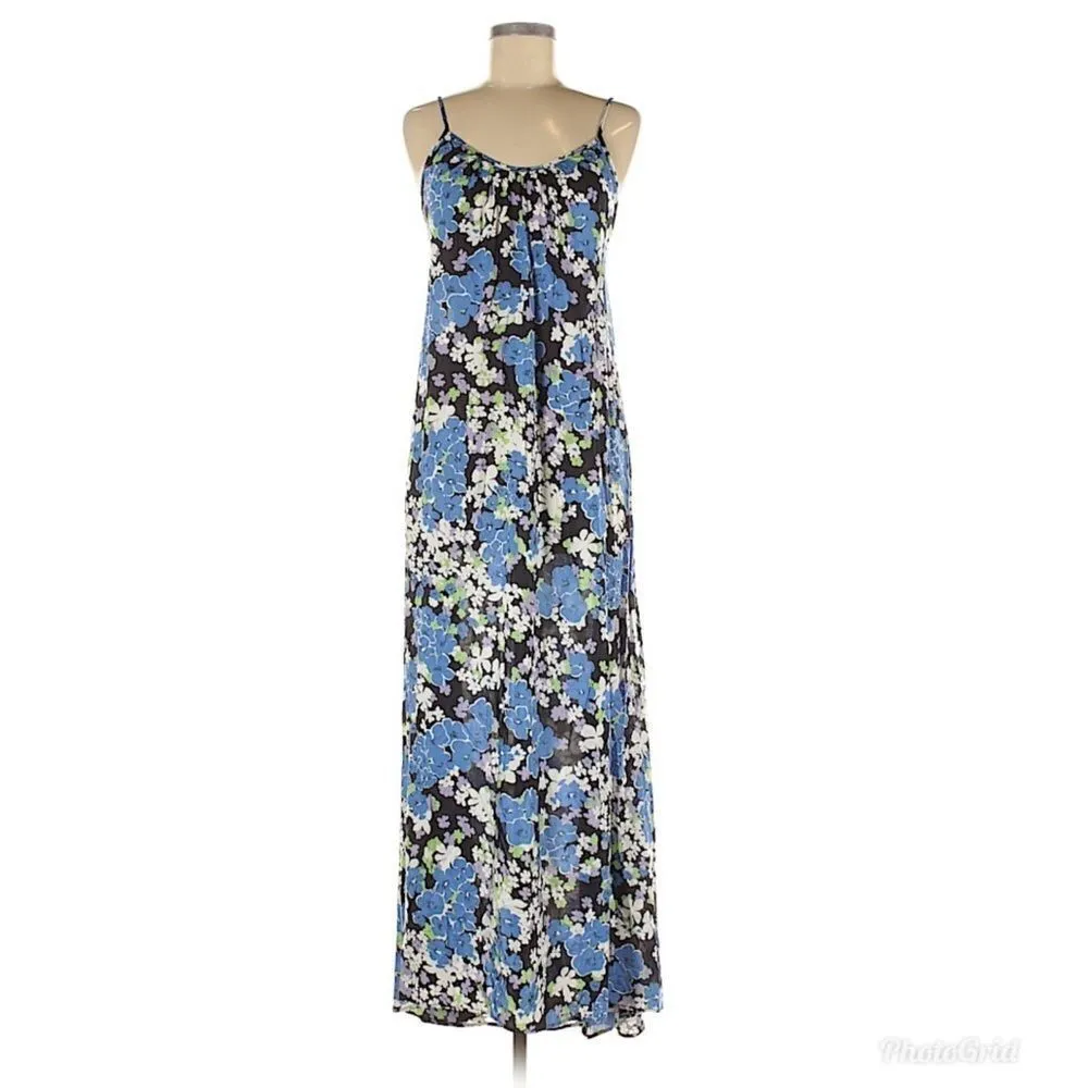 WILDFOX Floral Maxi Slip Dress Swim Coverup Low Back Spaghetti Strap Blue‎ Small - Image 4
