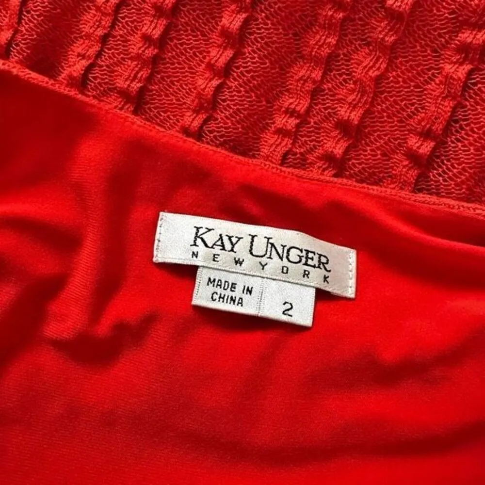 KAY UNGER | Vintage Lace Coral Red orange Dress Long Sleeve Lined High Neck | Si - Image 7