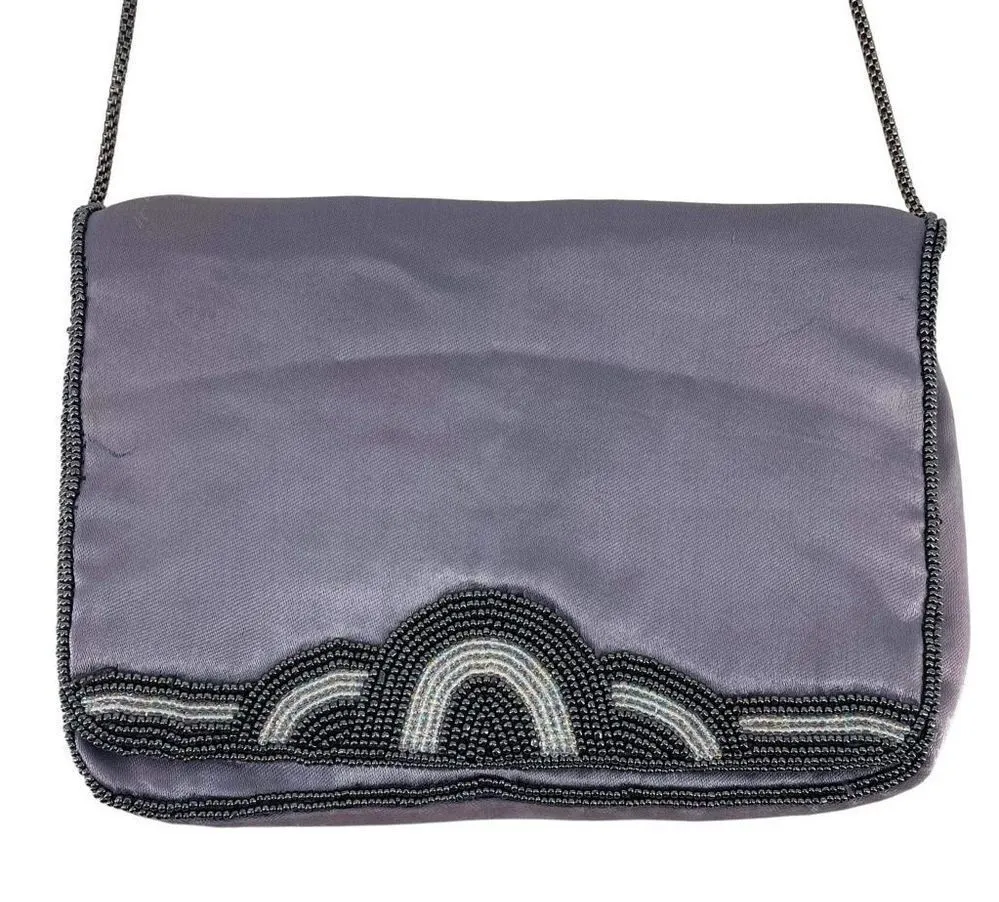 Vintage Women's Chain Strap Beaded Flap Front Shoulder Bag Purple clutch Medium - Image 1