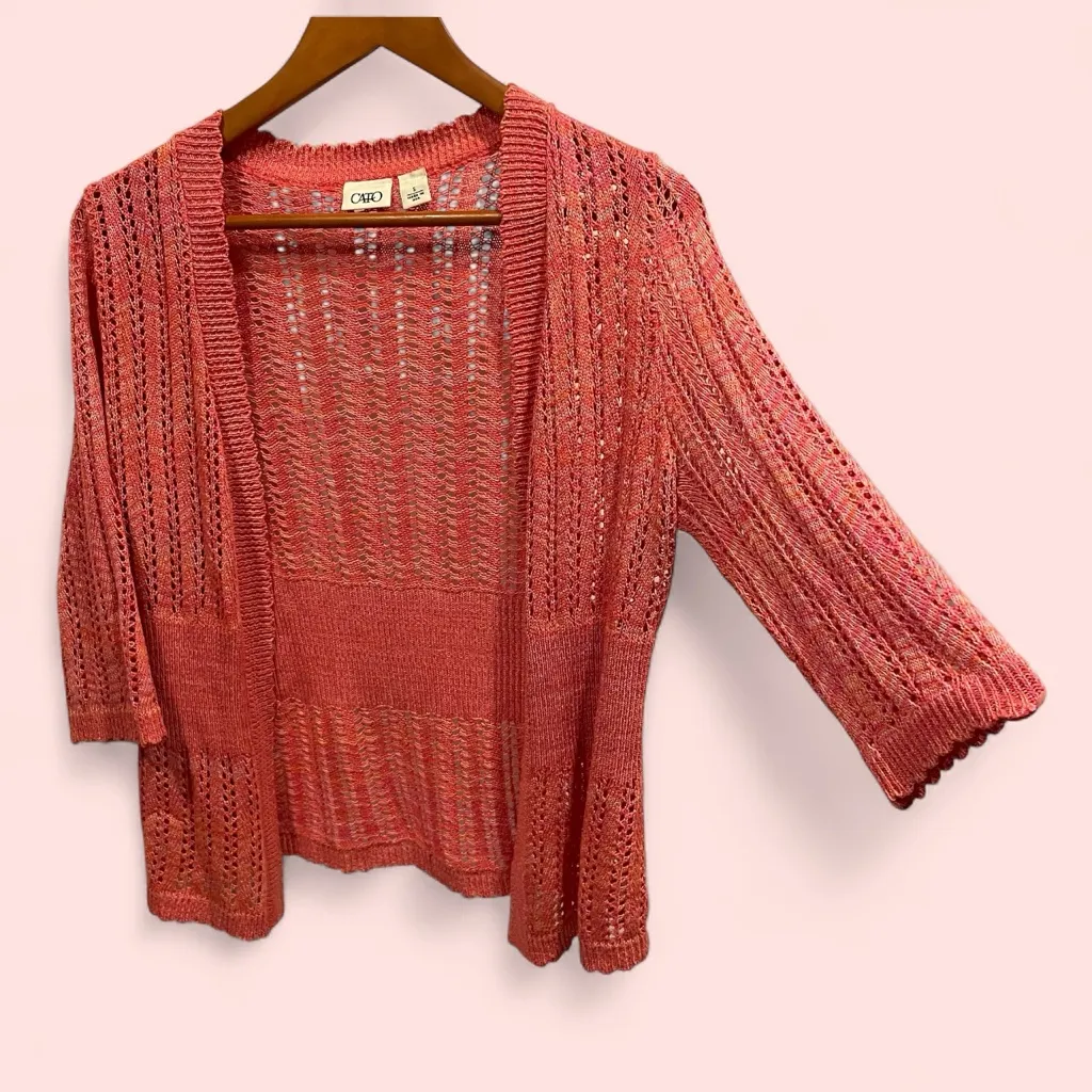 Cute Cato peachy crochet scalloped trim open front 3/4 sleeve sweater cardigan - Image 2