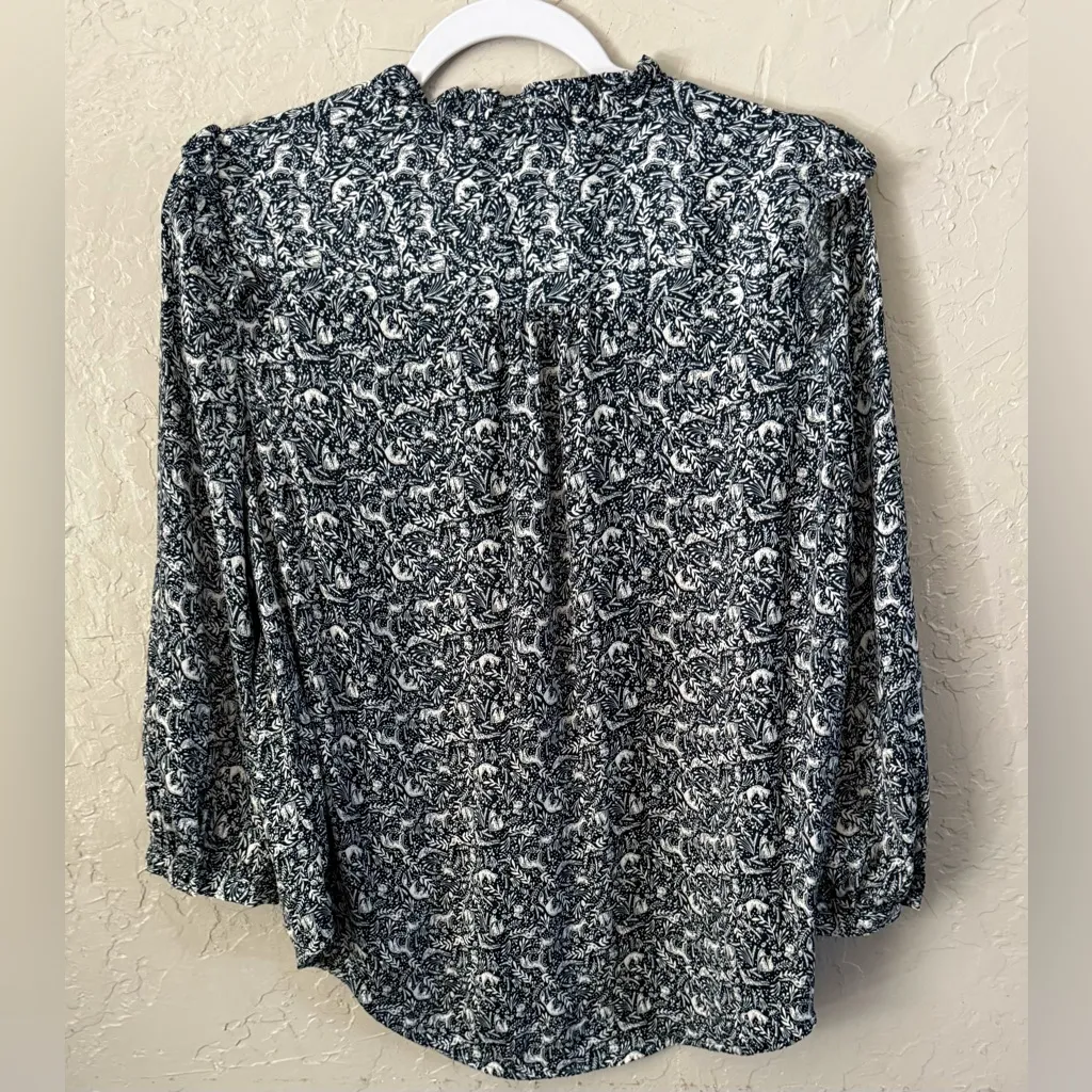 Lauren Conrad Blue Blouse Top Sz L Fox Forest Animals Woodland Boho Ruffles - Image 14