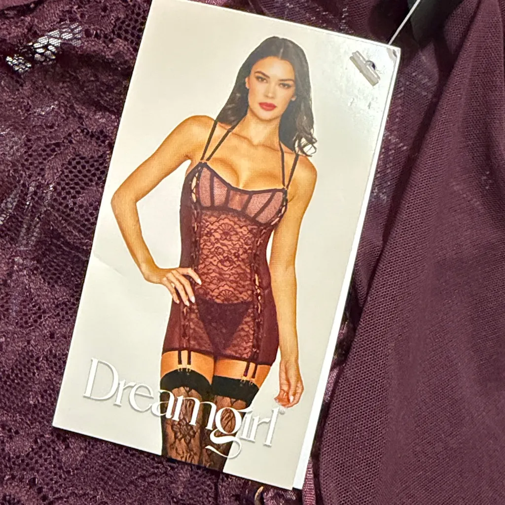 Dreamgirl womens Floral Cherry Lacquer Garter Slip & G-string. Size L - Image 2