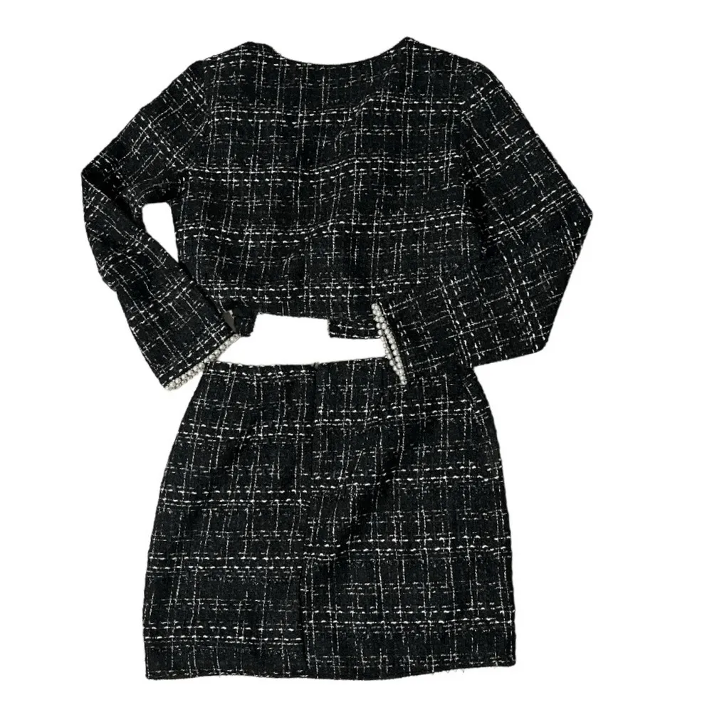 SHEIN Privé Plaid Pattern Suit Cropped Jacket Mini Skirt Pearl Edged Size Small - Image 4