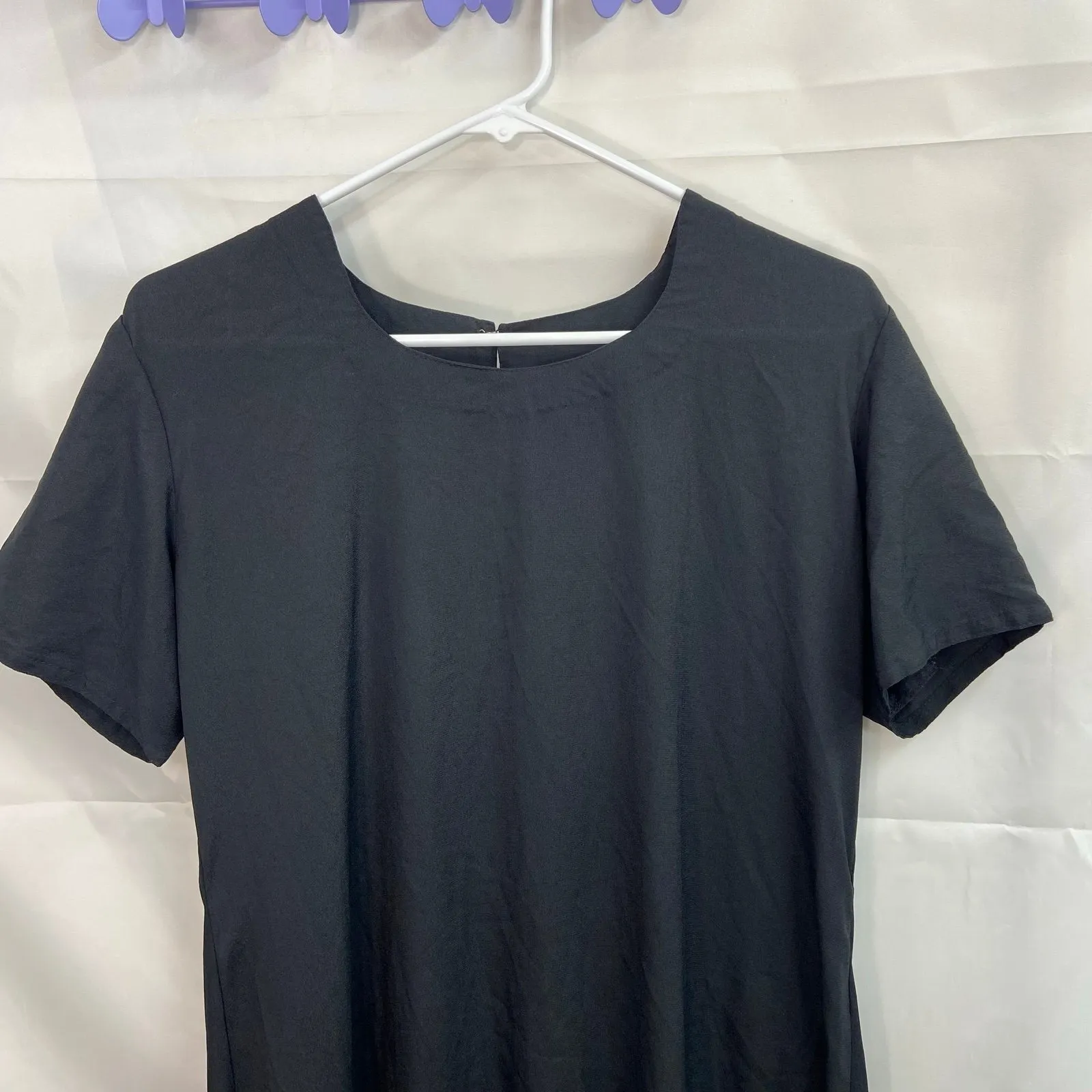 Vintage women's black scoop neck short sleeve casual modest kurta slit‎ dress L Size L - Image 2