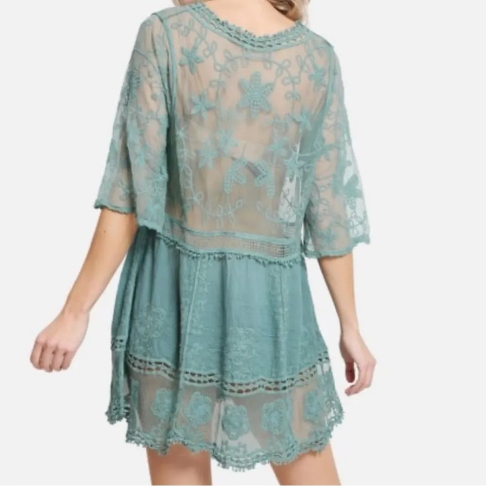 Ladies Semi Sheer Lace Over Size Deep V Neck Cover All | Dress Green - Image 2