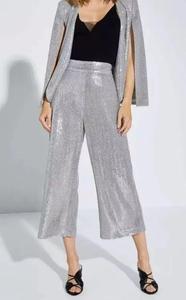 ZARA SEQUIN HIGH WAIST WIDE LEG CULOTTES PANTS SILVER SIZE XS NEW - Image 7