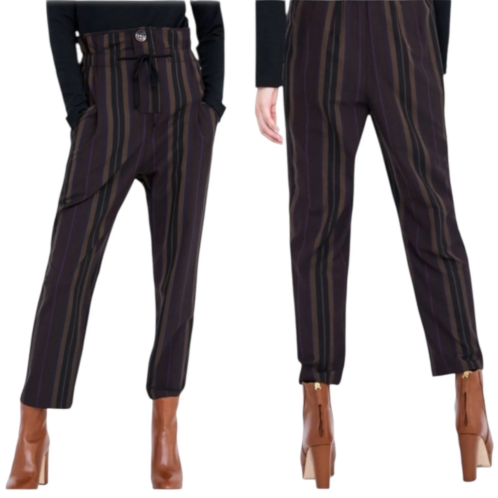 ZARA Women's Paperbag Waist Striped Cropped Trouser Pants Brown Size XS Modern - Image 2