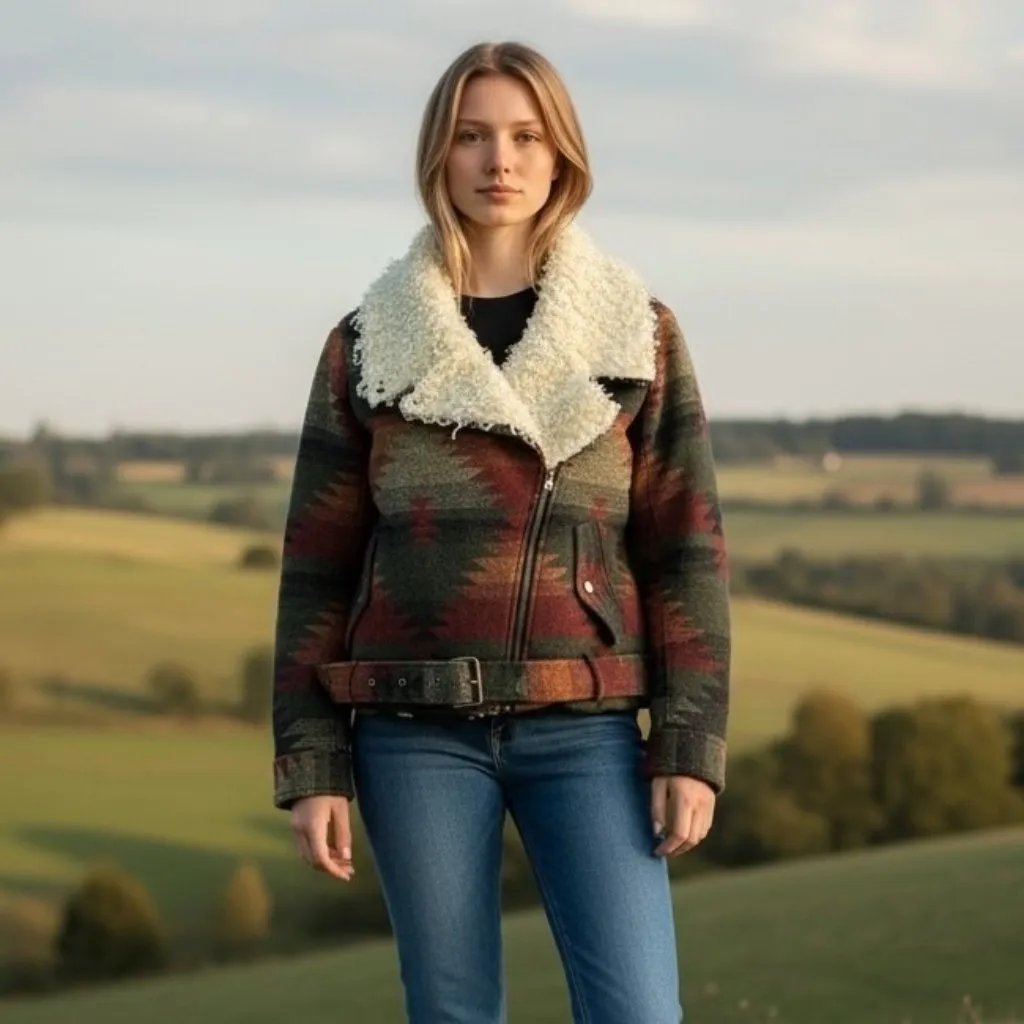 Free People Wool Blend Moto Jacket – Southwestern Aztec Print Sherpa Size Medium - Image 3