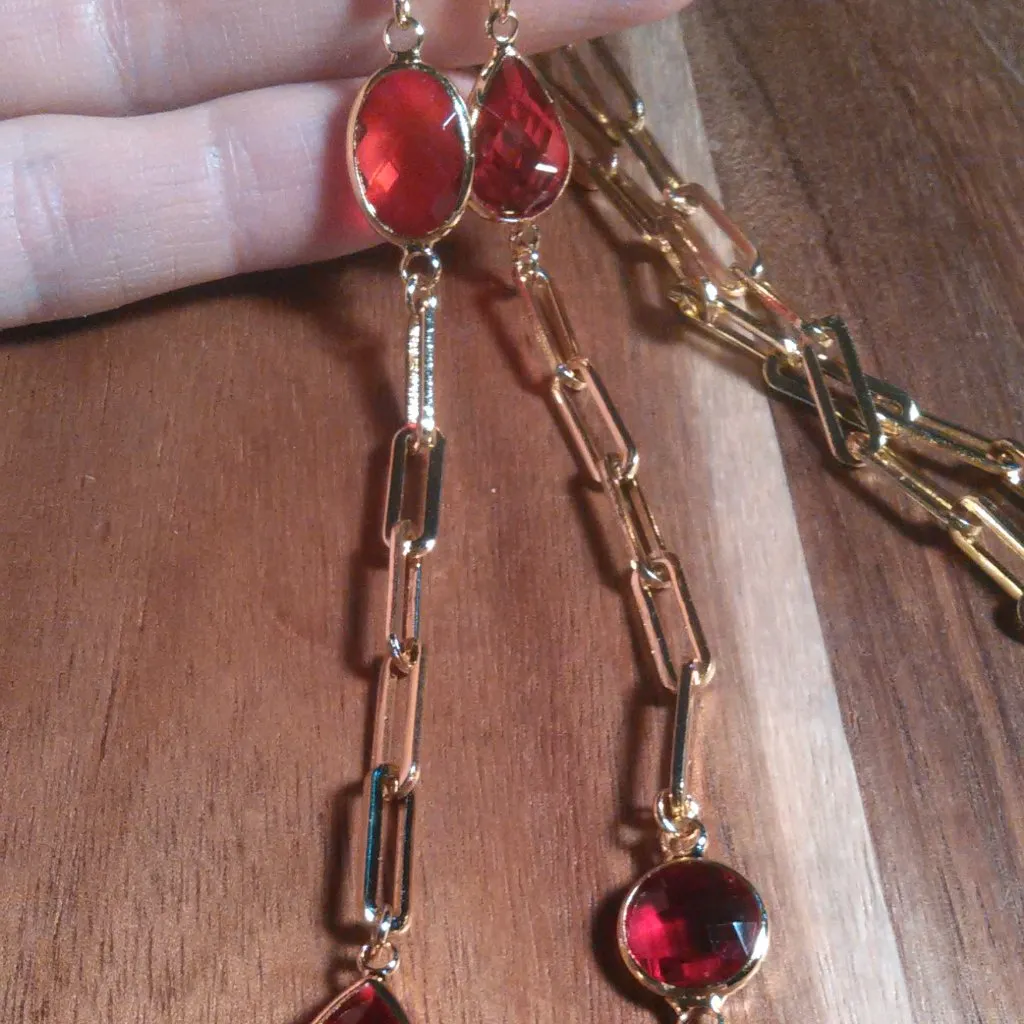 Simulated Ruby Ion Plate Yellow Gold Stainless Steel Paperclip Necklace - Image 10