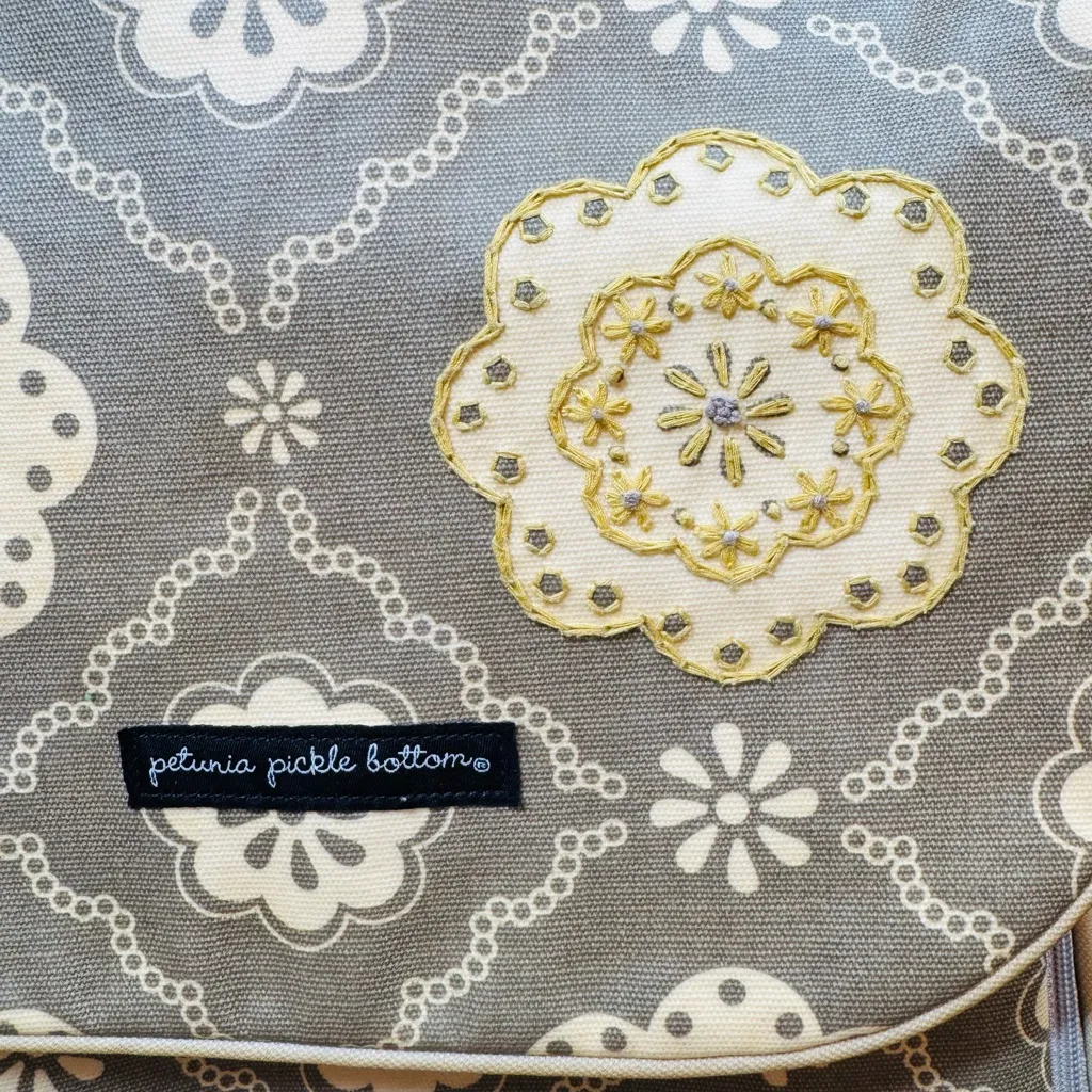 Petunia Pickle Bottom diaper bag Gray and Cream with Vintage Medallion Pattern - Image 3