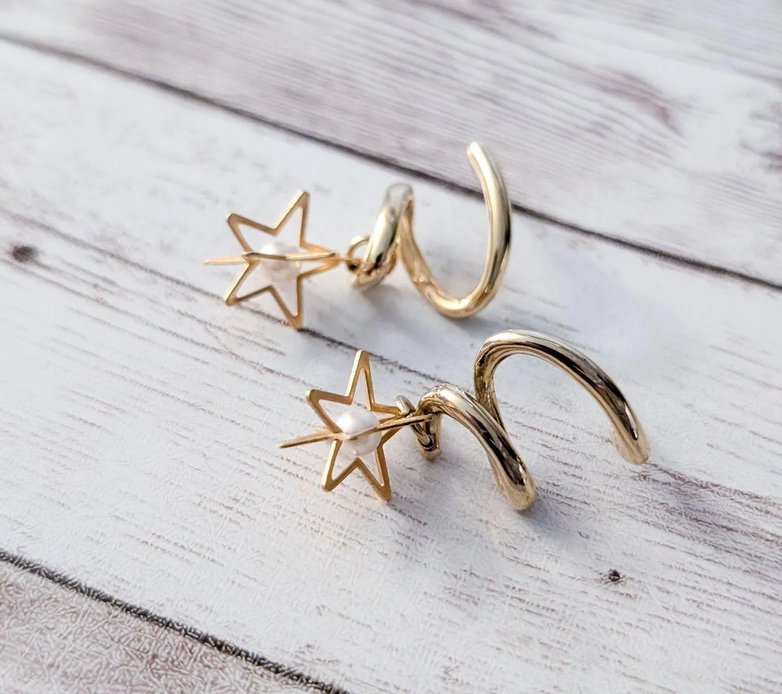 Vintage Earrings for Pierced Ears Twist Dangle with 3D Star & Faux Pearl Gold - Image 5