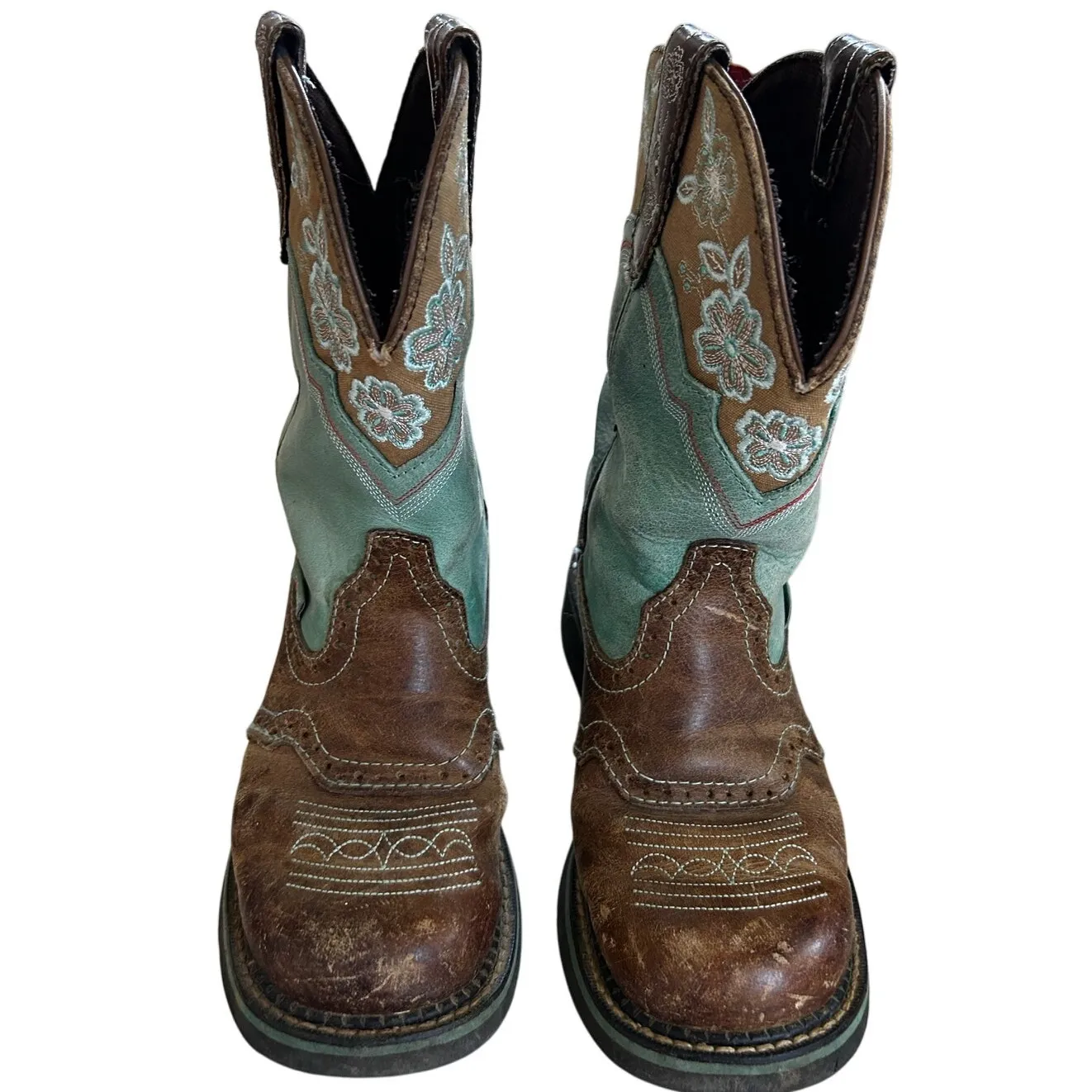 Justin's Turquoise Green & Brown Embroidered Flower "Gypsy" Cowboy Boots - Image 2