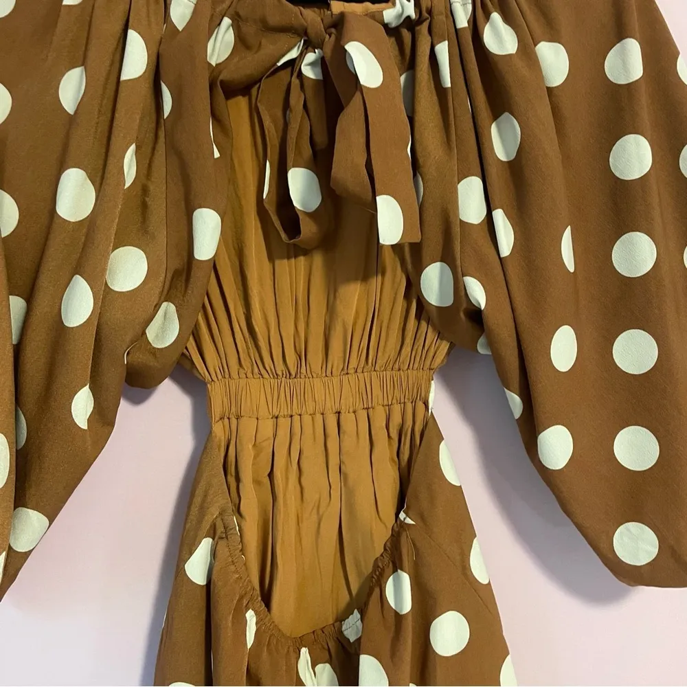 Dee Elly Brown Polka Dot Mini Dress Puff Sleeve Cut Out A Line Size Small - Image 4