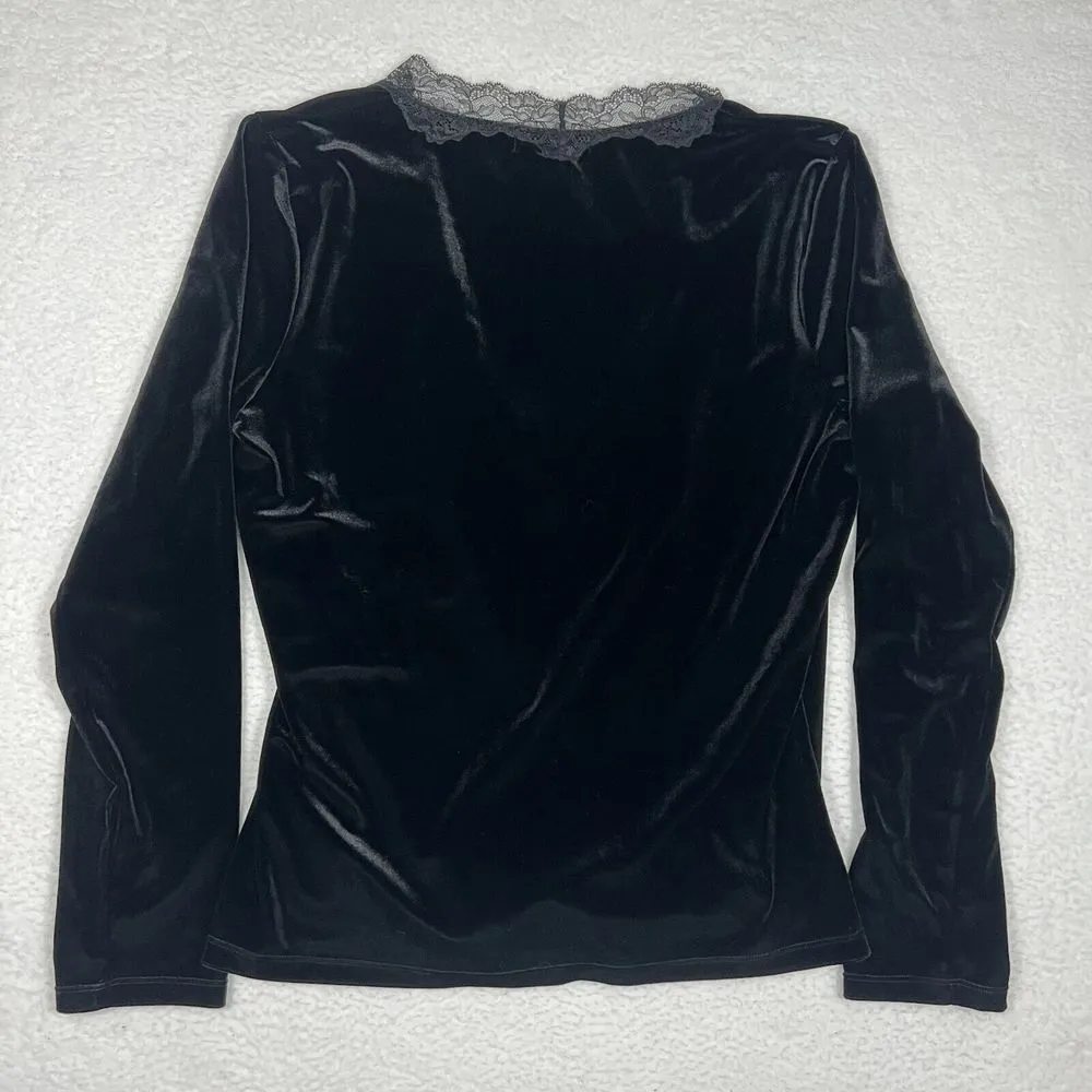 Lauren Ralph Lauren Womens Black Velvet Velour Top XL Lace Trim Whimsigoth Vamp - Image 8