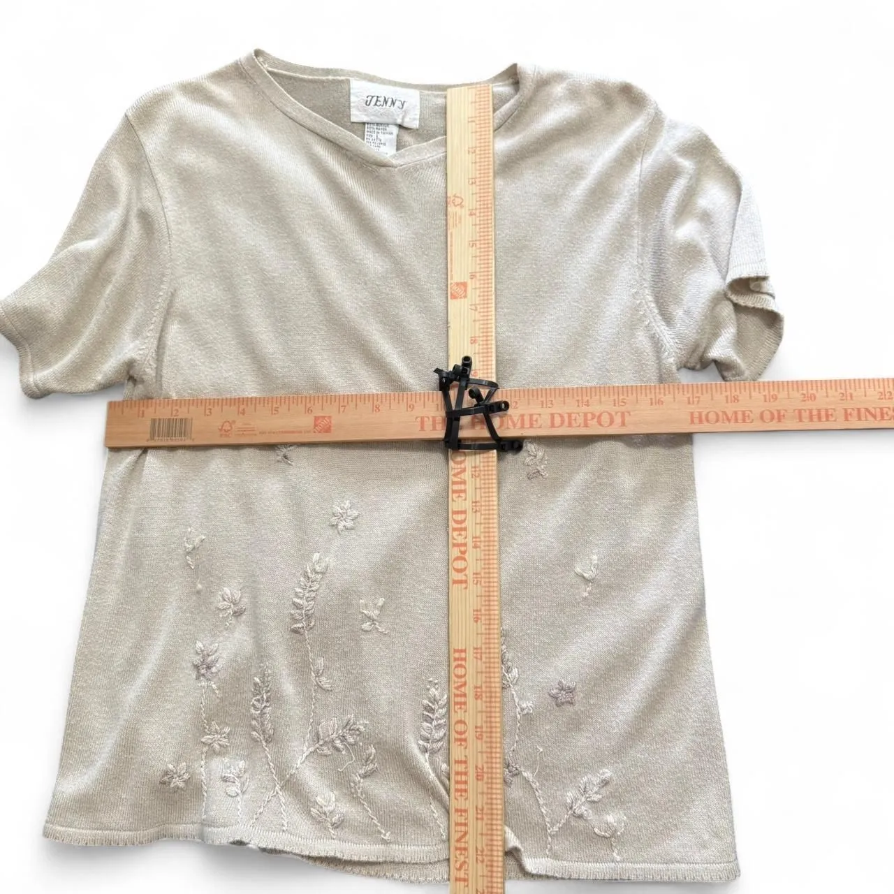 Vintage Jenny Sweater Size L Tan Beige Floral Embroidered Short Sleeve Knit Top Brown Size L - Image 7